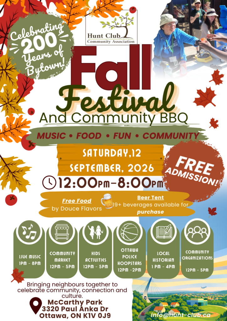 Promotional poster for the Fall Festival and Community BBQ, celebrating 200 years of Bytown. Hosted by the Hunt Club Community Association on Saturday, September 12, 2026, from 12:00 p.m. to 8:00 p.m. The event features music, food, fun, and community activities, with free admission.